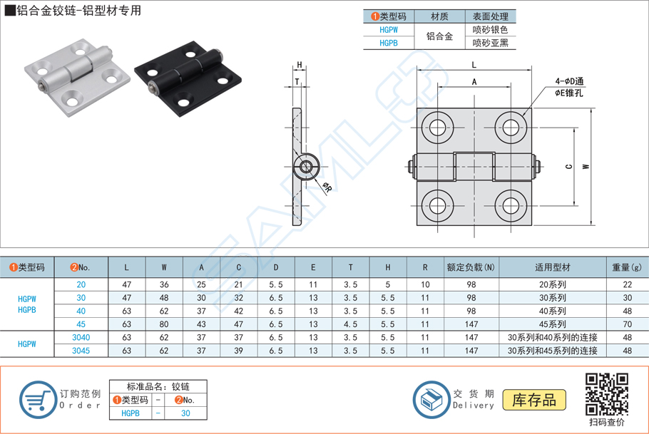 鋁合金鉸鏈合頁-鋁型材專用HGPW規(guī)格參數(shù)尺寸材質(zhì)